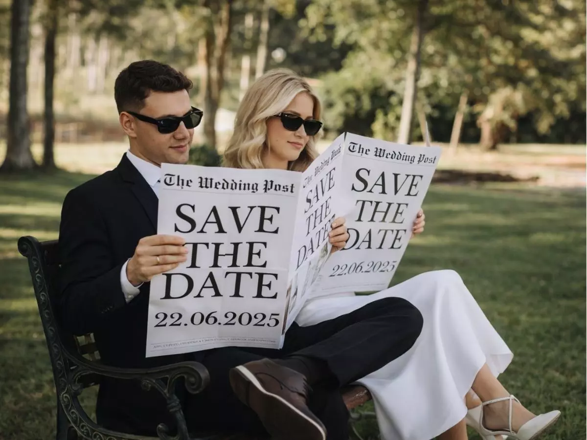 Casal sentado lendo jornal save the date ao ar livre
