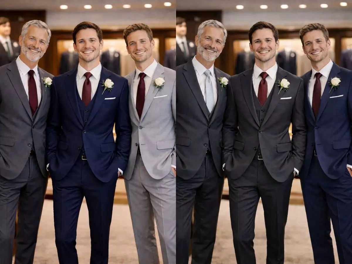 Noivo com terno azul-marinho e padrinhos em tons de cinza com gravata vinho.