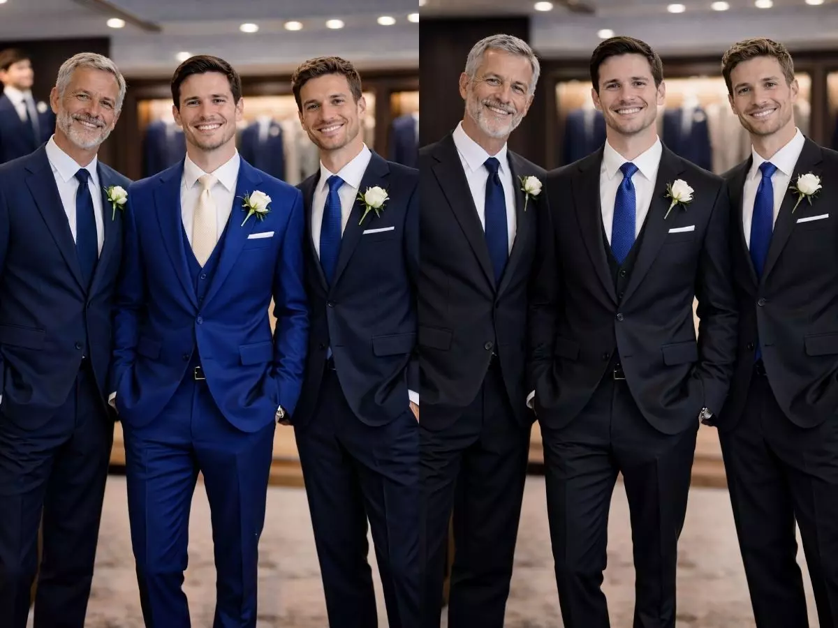 Noivo em terno azul royal com padrinhos em tons escuros coordenados.