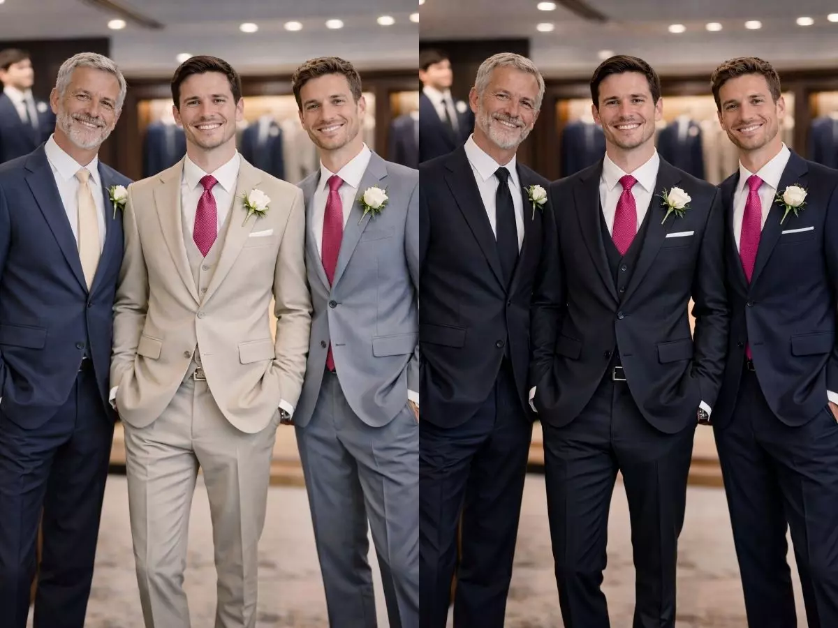 Noivo em terno bege claro com padrinhos em tons neutros e gravata rosa médio.