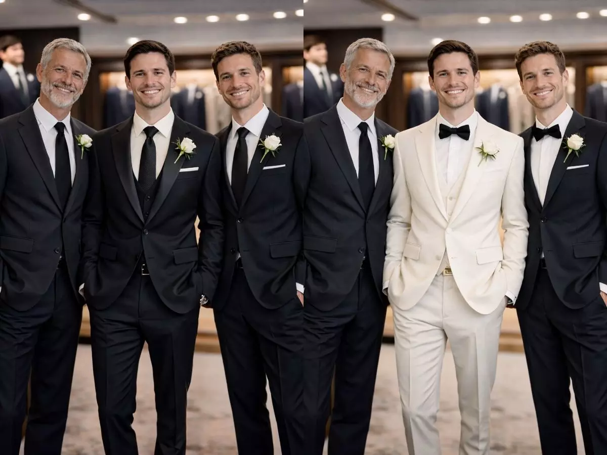 Noivo em terno bege com padrinhos em azul-marinho e gravata azul.
