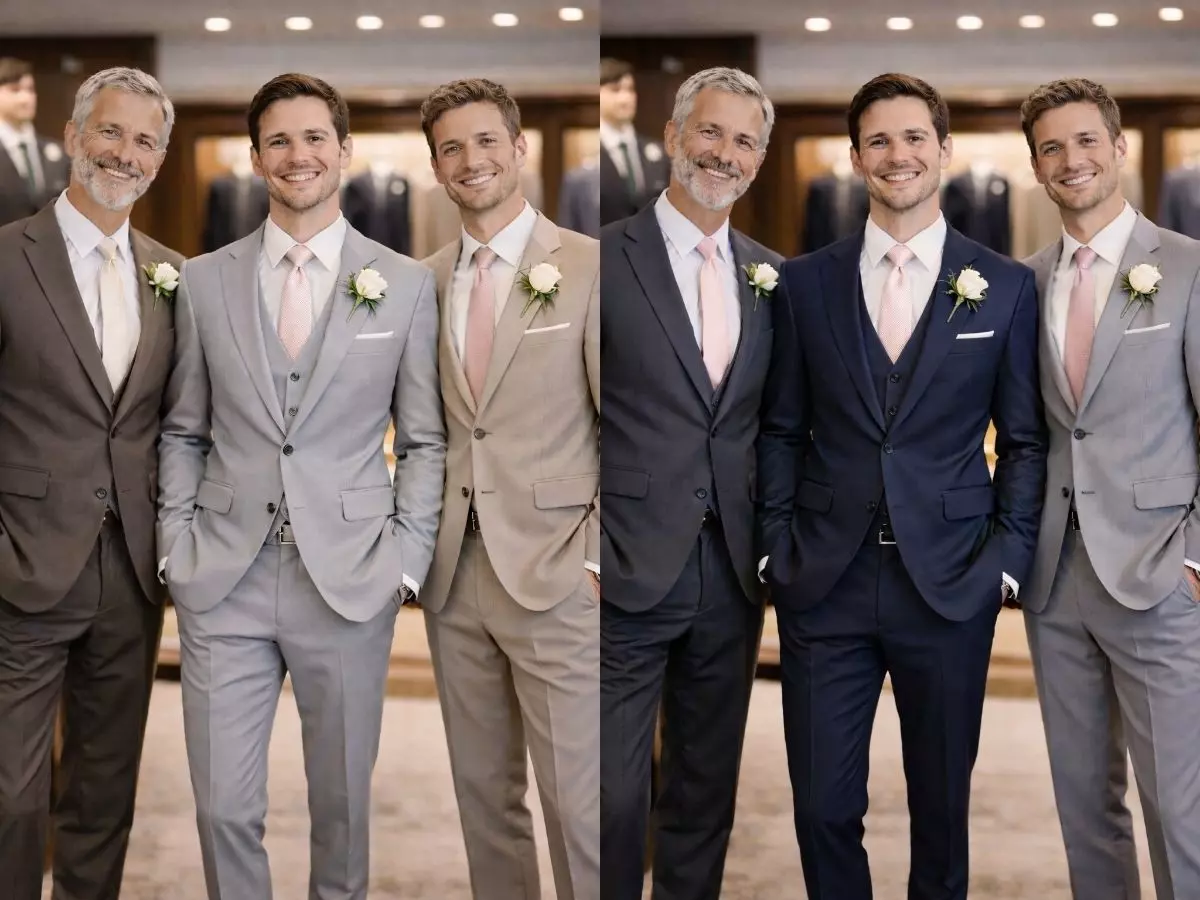 Noivo em terno cinza claro com padrinhos em tons neutros e gravata rosa claro.