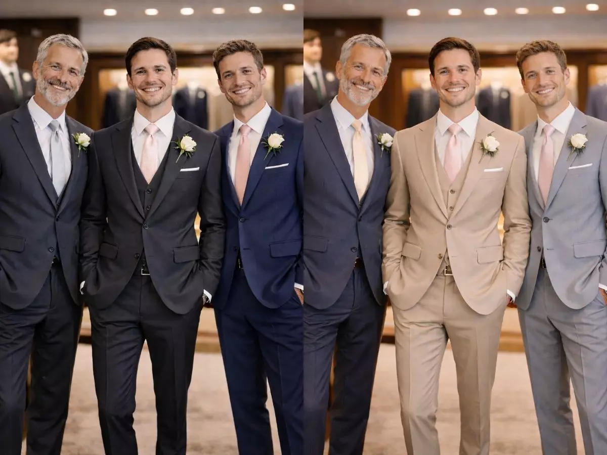 Noivo de terno grafite com padrinhos em azul e bege usando gravata rosa.