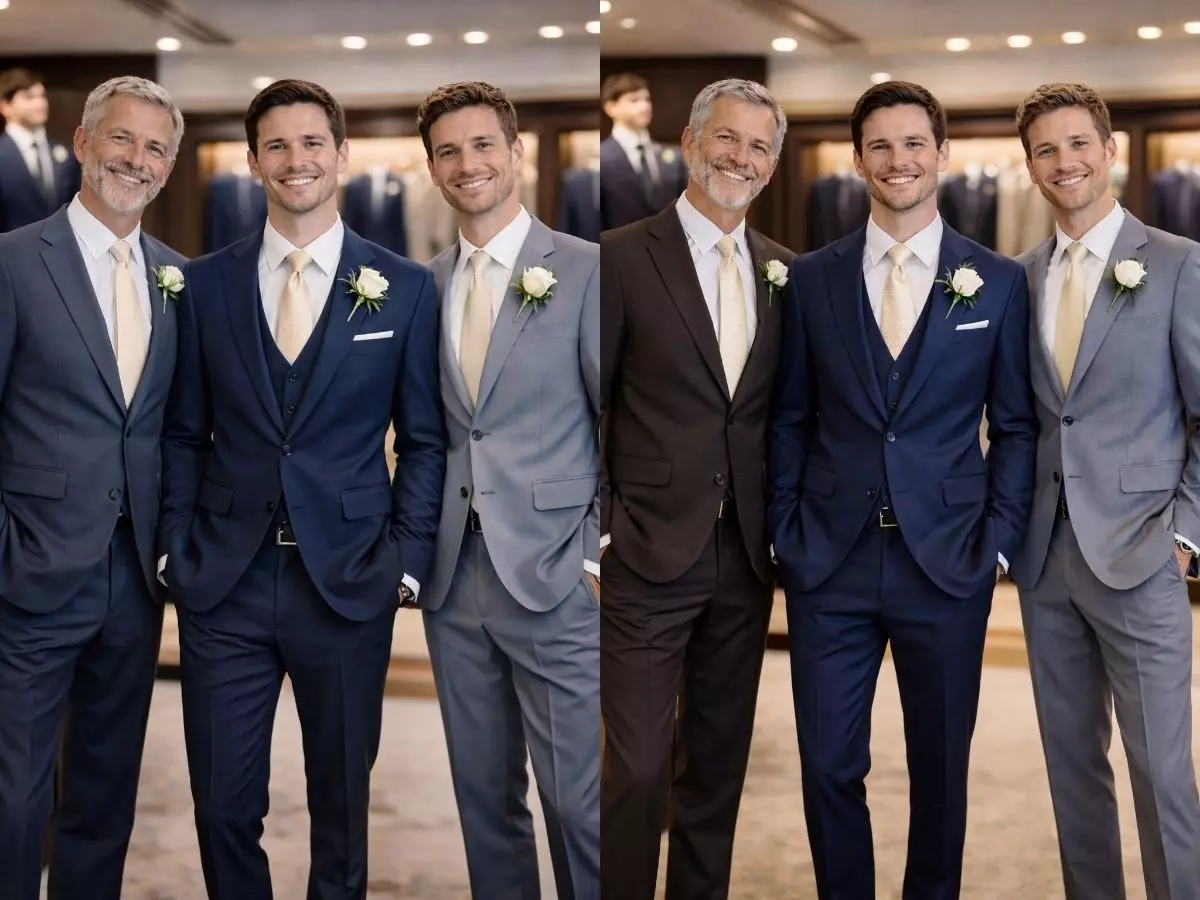 Noivo e padrinhos usando ternos em azul e cinza claro com visual elegante de casamento