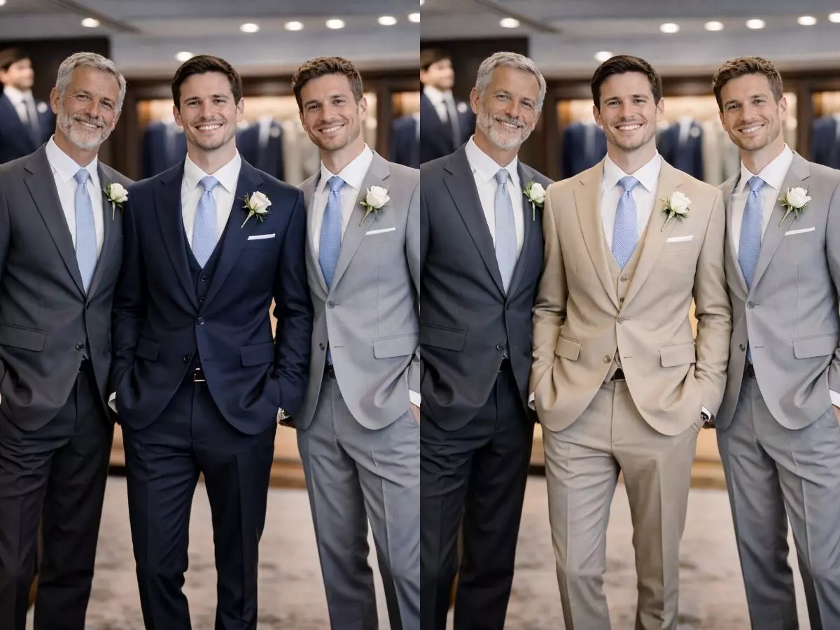 Noivo, pai do noivo e padrinhos com ternos azul-marinho e cinza claro em loja de casamento.