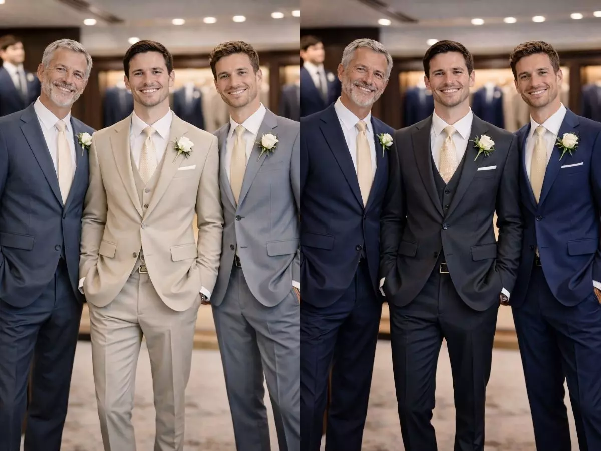 Noivo ao centro com terno azul-marinho combinado com pai do noivo e padrinhos em grafite e cinza