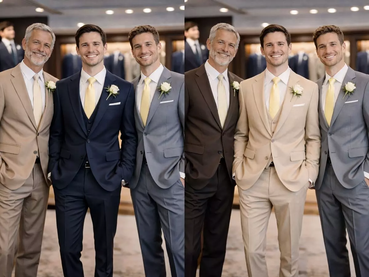 Noivo e padrinhos usando terno azul-marinho com gravata amarela suave.