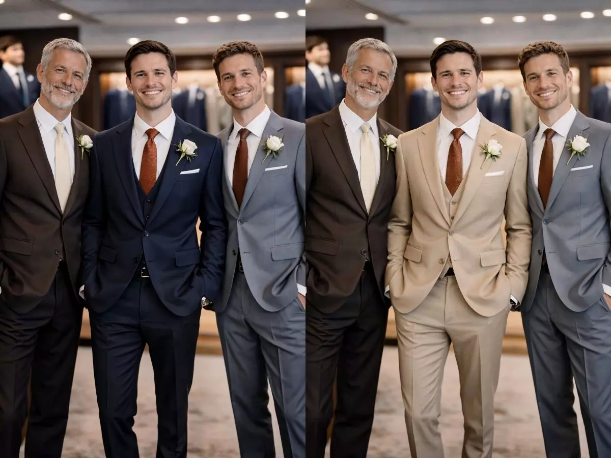 Noivo e padrinhos com terno azul-marinho e gravata marrom em ambiente sofisticado.