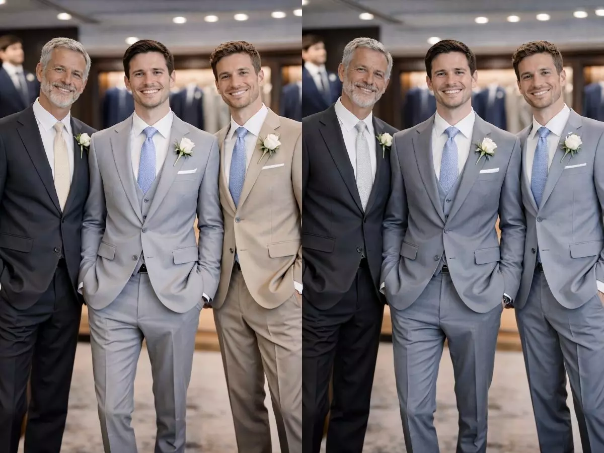 Grupo de homens usando ternos bege claro e cinza em composição elegante para casamento.