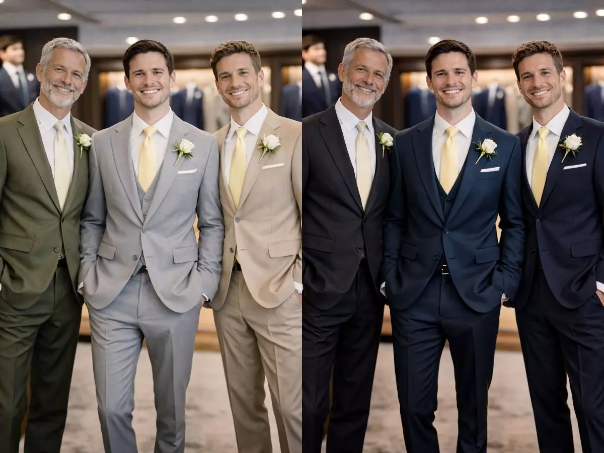 Grupo de homens com ternos bege claros e gravata amarela em casamento.