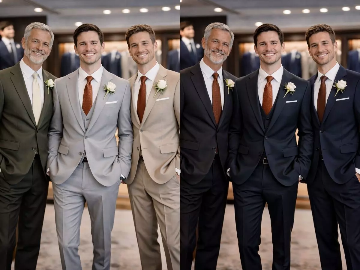 Homens com ternos bege e gravata marrom em visual harmônico para casamento.