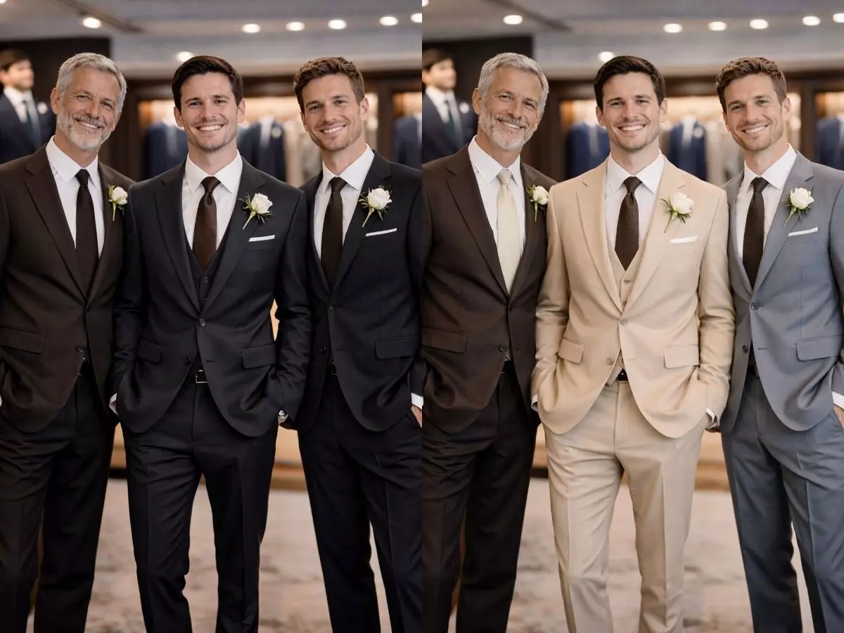Ternos em tons de bege, marrom e cinza usados por noivo e padrinhos.