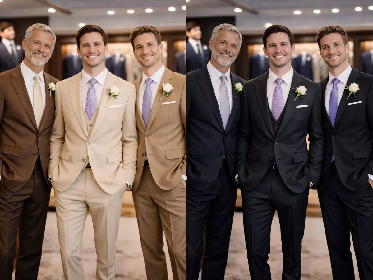 Noivo, pai do noivo e padrinhos com ternos em tons de azul, cinza e champanhe em casamento clássico