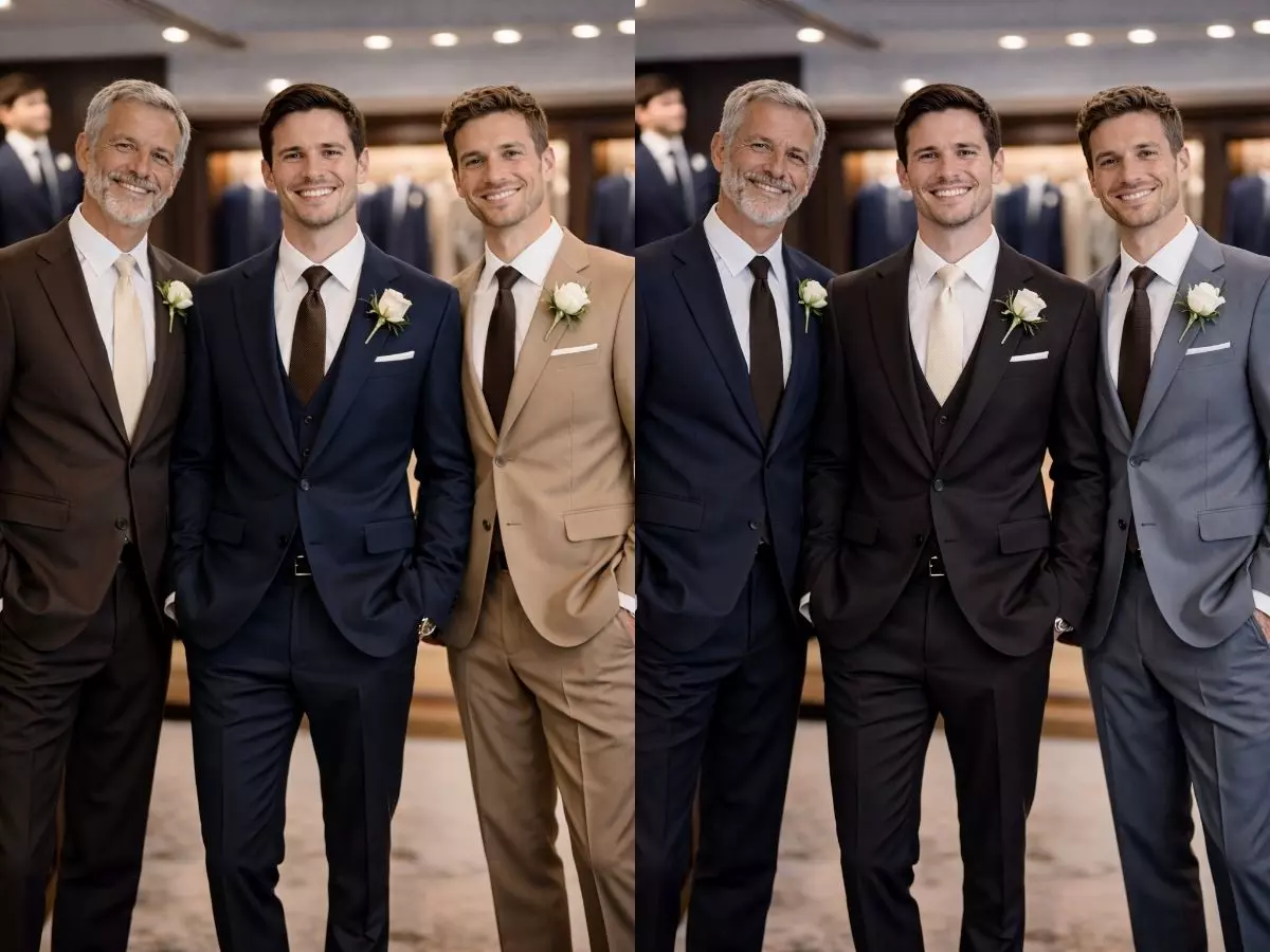 Noivo, pai do noivo e padrinhos com ternos pretos e marrons combinados.