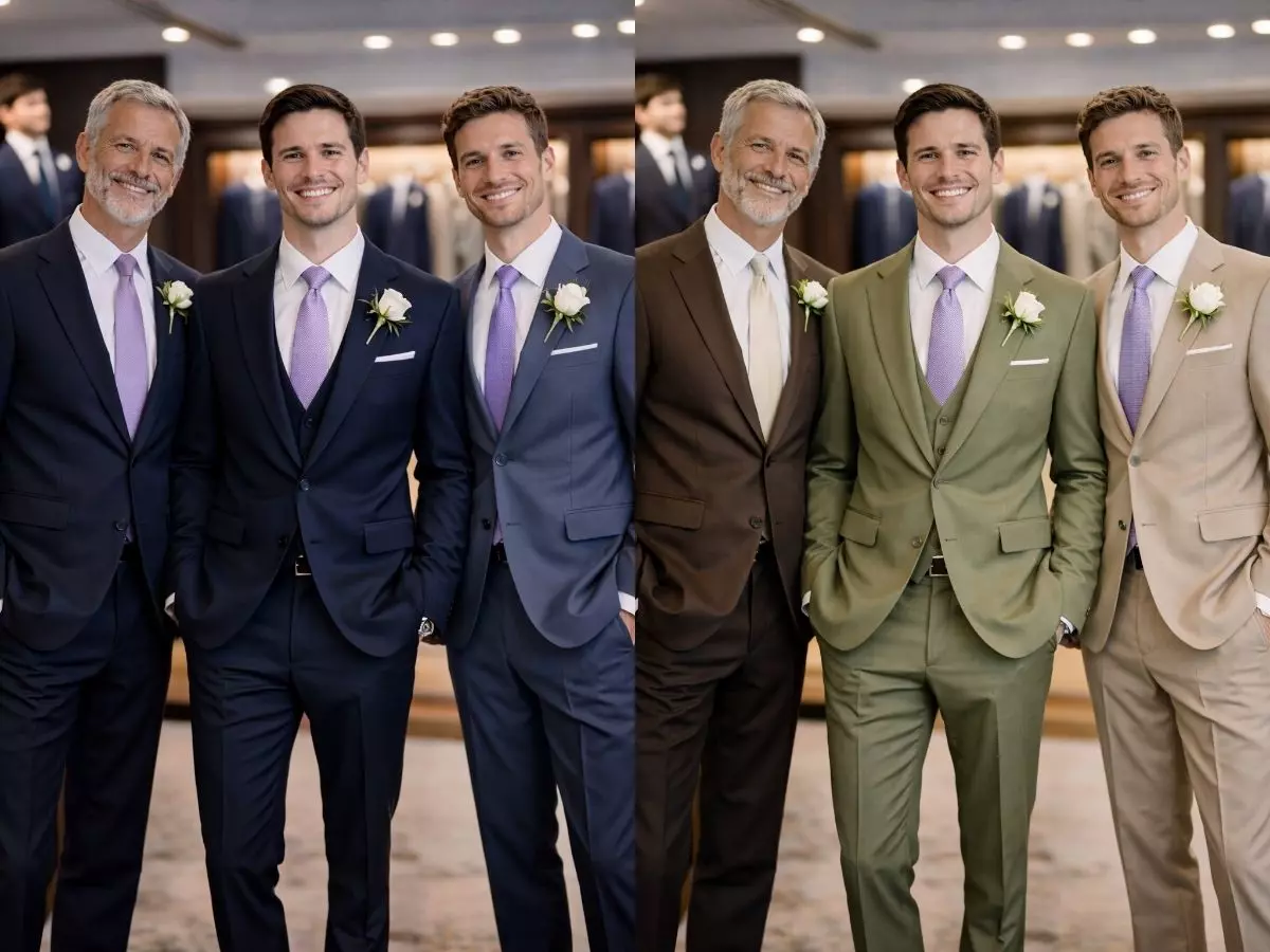Noivo e padrinhos com terno verde oliva e gravata lilás clara.