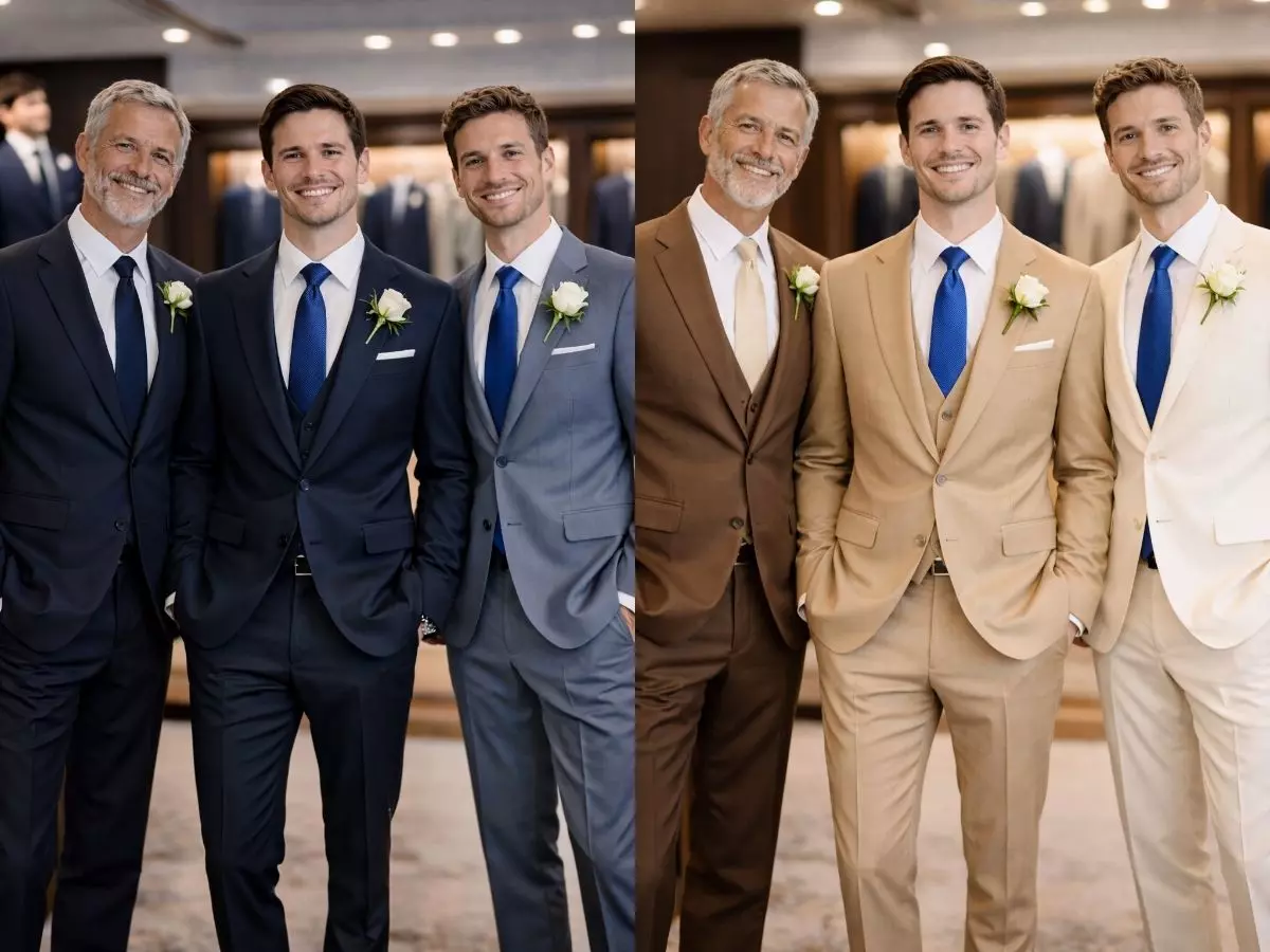 Noivo e padrinhos usando ternos pretos com camisa branca.