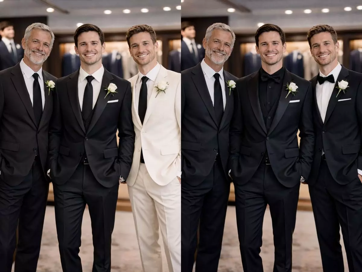 Noivo em terno off-white com padrinhos em preto no casamento.