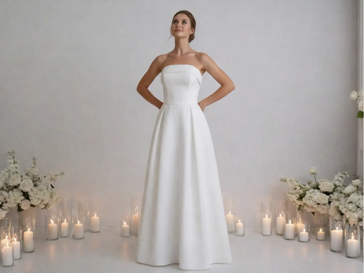 Noiva usando vestido de noiva tomara que caia com saia fluida reto em ambiente interno