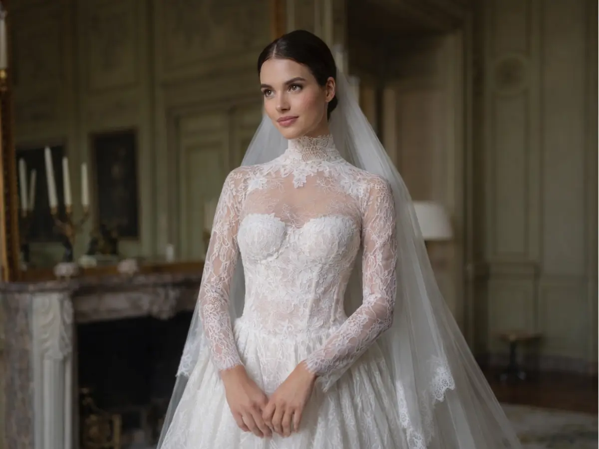 Vestido de noiva com mangas longas com renda para casamento 