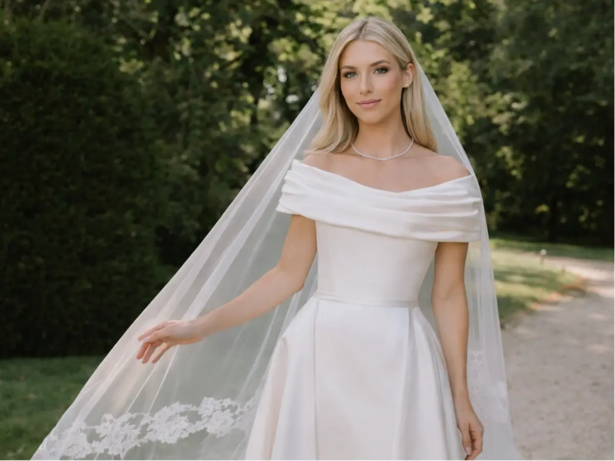 Vestido de noiva ombro a ombro com véu longo cetim