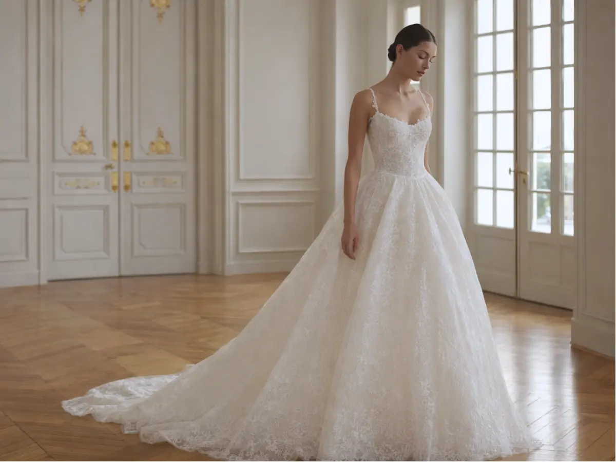 Vestido de noiva modelo princesa com saia volumosa e cauda longa em salão clássico