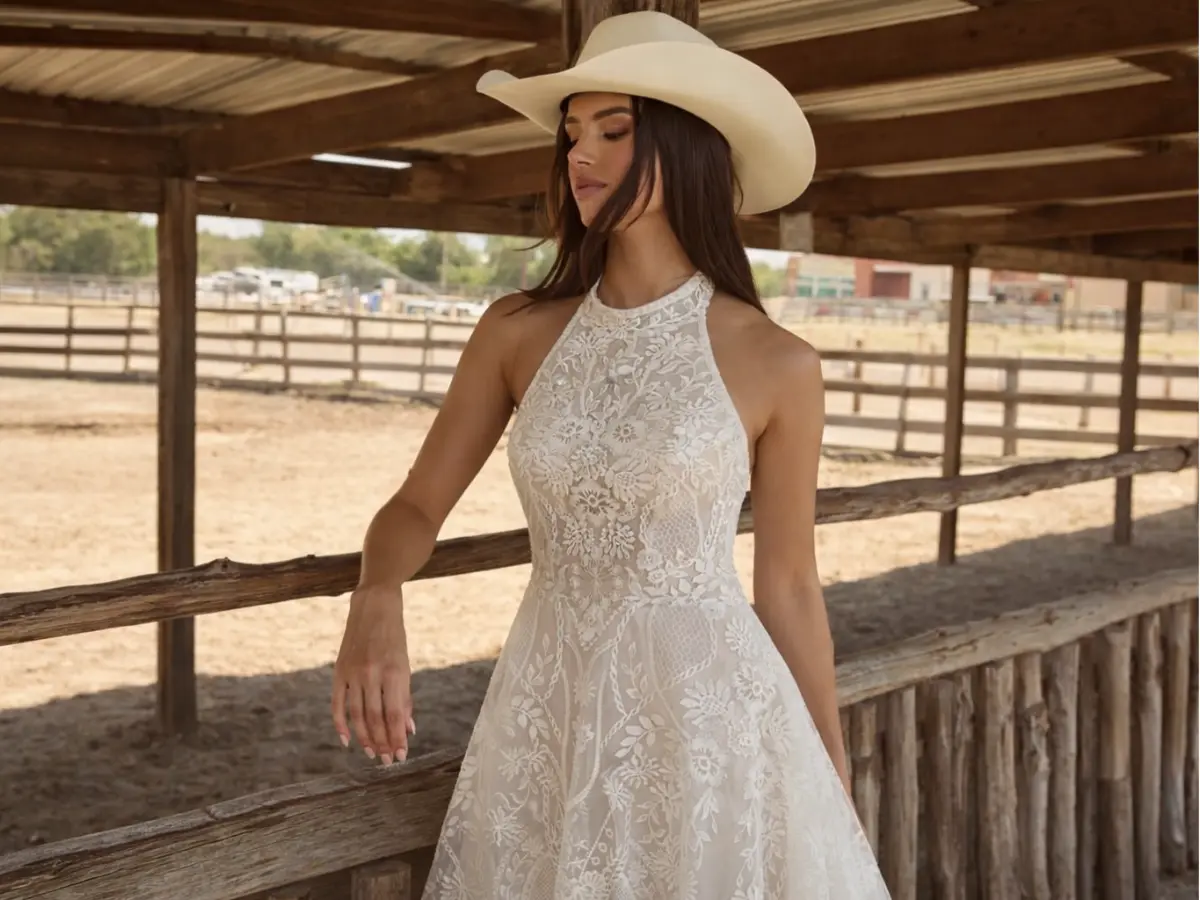 Vestido de noiva estilo campo country em casamento no campo com renda