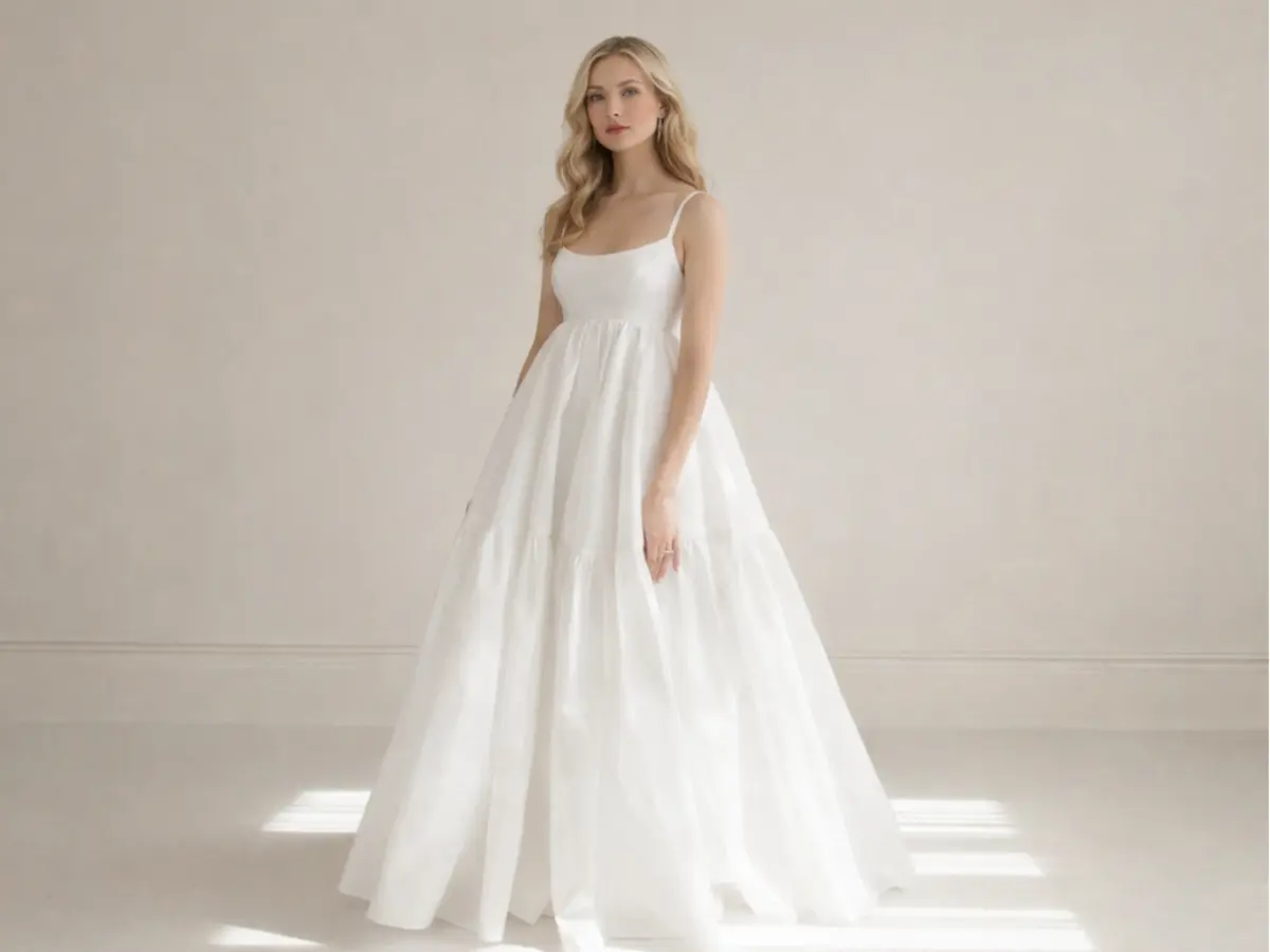 Vestido de noiva estilo império com saia fluida e alças finas em ambiente clean