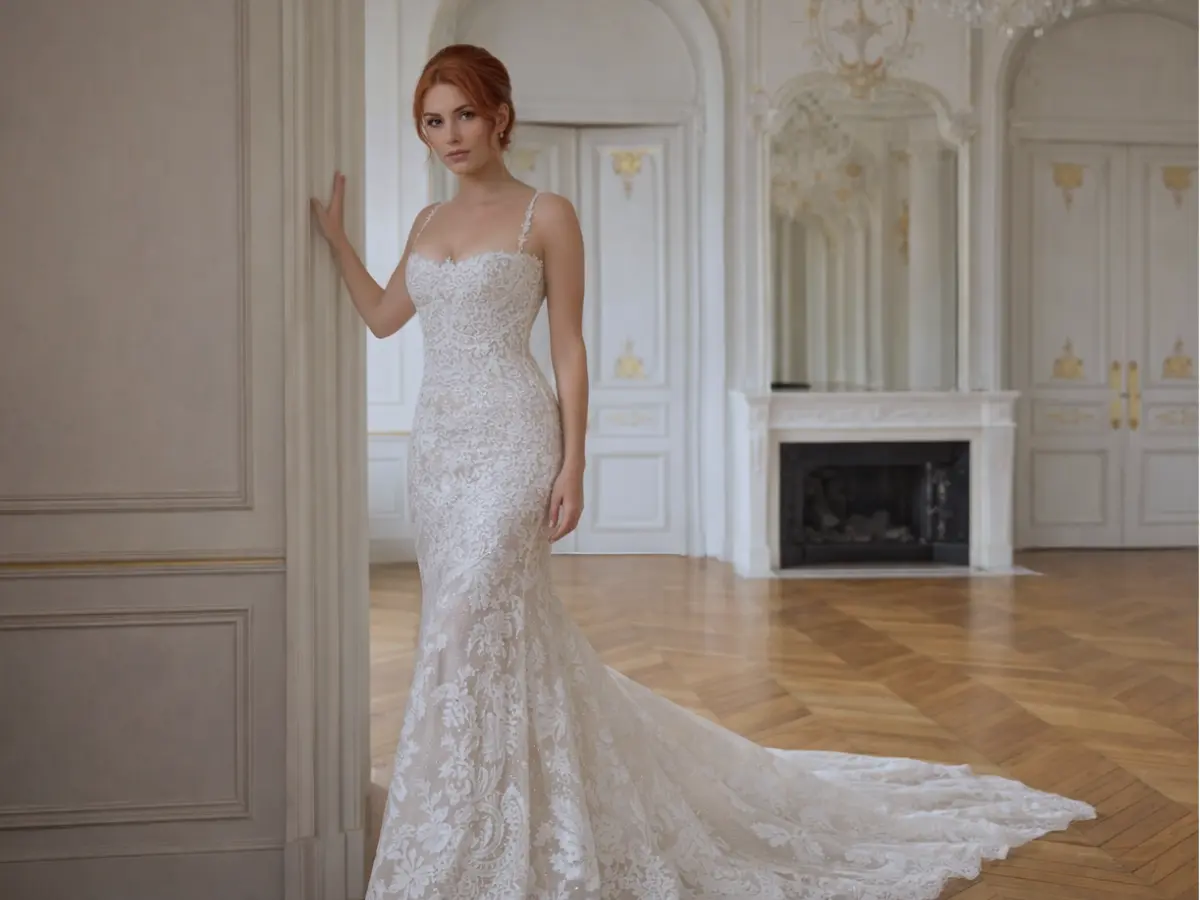 Noiva usando vestido de noiva sereia em renda com cauda delicada