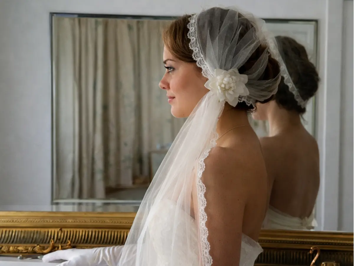 Véu de noiva clássico com rendas presas no cabelo